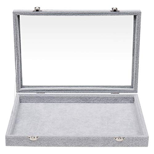 BELLE VOUS Joyero - (35cm x 24cm x 5cm) Gris, Caja de Presentación de Terciopelo con Tapa de Vidrio con Cerradura para Collares, Pendientes, Pulseras, Tobilleras, Colgantes y Anillos BELLE VOUS Joyero - (35cm x 24cm x 5cm) Gris, Caja de Presentación de Terciopelo con Tapa de Vidrio con Cerradura para Collares, Pendientes, Pulseras, Tobilleras, Colgantes y Anillos