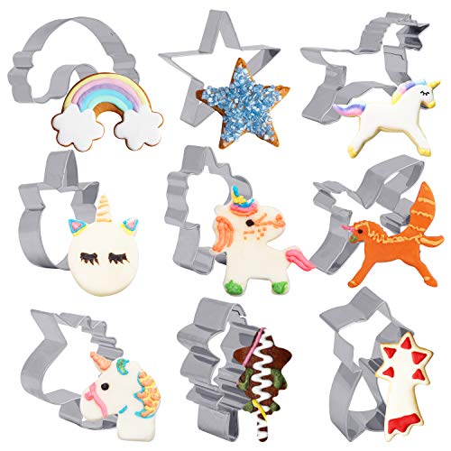 BELLE VOUS Molde Unicornio para Galletas (9 Formas) - Cortadores de Galletas Acero Inoxidable Grado Alimenticio Set Cortadores Fondant Decorar Pasteles, Sándwich, Pan para Cumpleaños Fiesta Unicornio