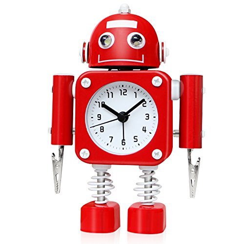 Betus Reloj Despertador con Robot sin tictac Fabricado en Metal a Prueba de Herrumbre - Reloj Despertador con Ojos parpadeantes y Clip para la Mano (Rojo)