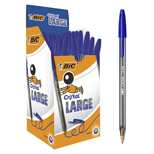 BIC Cristal Large Bolígrafos Punta Ancha (1,6 mm) - Azul, Caja de 50 Unidades, para escritura suave, ideal para oficinas