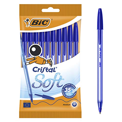 BIC Cristal Soft Bolígrafos Punta Media (1,2 mm) con escritrua suave - Azul, Blíster de 10 Unidades - ideal para uso diario