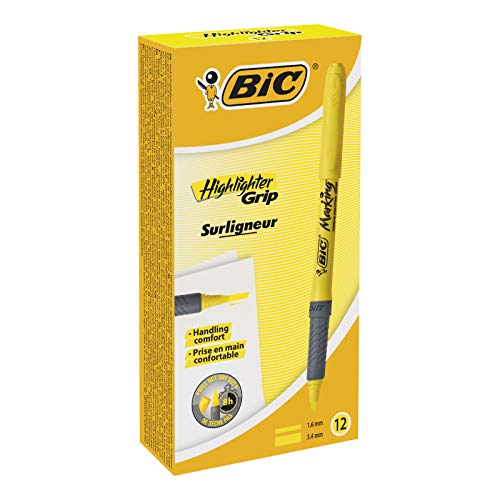 BIC Highlighter Grip Marcadores Punta Biselada Ajustable - Amarillo, Caja de 12 Unidades, Subrayador fluorescente con tecnología antisecado