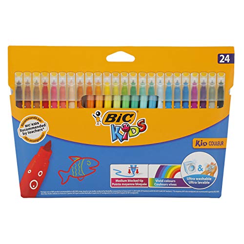 BIC Kids Kid Couleur Rotuladores de Tinta Ultralavable Punta Media - Colores Surtidos, Caja de 24 Unidades, ideal para actividades creativas en casa y colegio