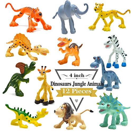 BigNoseDeer 4 Pulgadas Figuras de Dinosaurio de Dibujos Animados con Animales de Bosque Conjunto, 12 Piezas de Animales y Dino Partido favores Juguetes