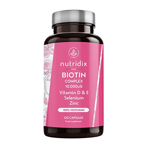 Biotina 10.000 mcg por dosis - Crecimiento del Cabello y Mantenimiento de Uñas - Biotina con Zinc, Selenio, Vitaminas D y E - 120 cápsulas Nutridix Biotina 10.000 mcg por dosis - Crecimiento del Cabello y Mantenimiento de Uñas - Biotina con Zinc, Selenio, Vitaminas D y E - 120 cápsulas Nutridix