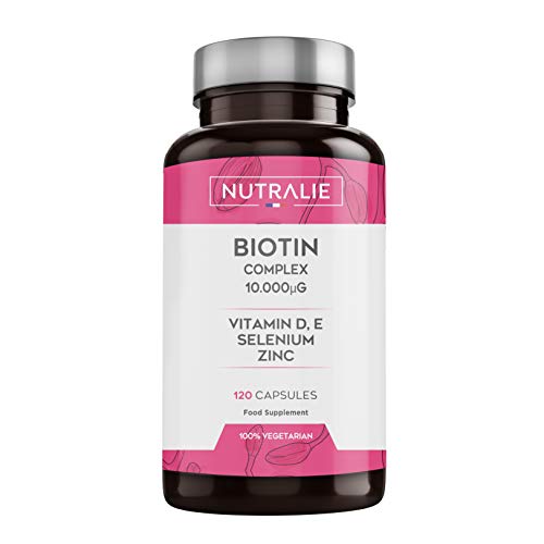 Biotina 10.000 mcg | Vitaminas D y E, Zinc, Selenio | Contribuye al Crecimiento del Cabello y Mantenimiento de Piel y Uñas | 120 Cápsulas | Nutralie Biotina 10.000 mcg | Vitaminas D y E, Zinc, Selenio | Contribuye al Crecimiento del Cabello y Mantenimiento de Piel y Uñas | 120 Cápsulas | Nutralie
