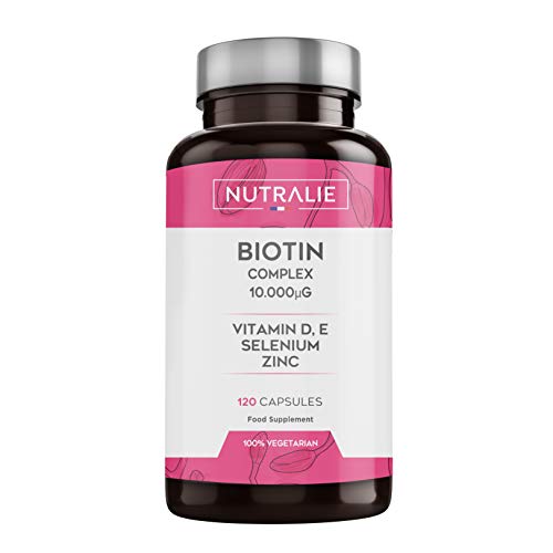 Biotina 10.000 mcg | Vitaminas D y E, Zinc, Selenio | Contribuye al Crecimiento del Cabello y Mantenimiento de Piel y Uñas | 120 Cápsulas | Nutralie