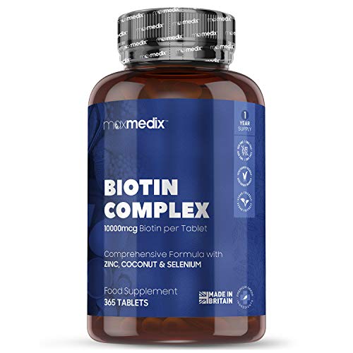 Biotina Zinc y Selenio 10000 mcg 365 Comprimidos Vegano - Suplemento Para Crecimiento, Fortalecimiento y Frenar Caída del Cabello, Enriquecido con Aceite de Coco, Para la Salud de Piel y las Uñas,