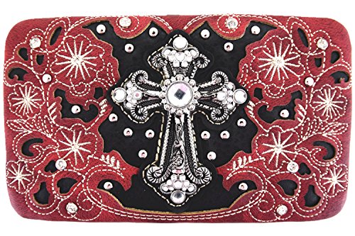 Blancho Bedding Mujer [Cruz de la Flor] Pulsera de cuero PU Wallet Zipper Purse titular de la tarjeta Rojo