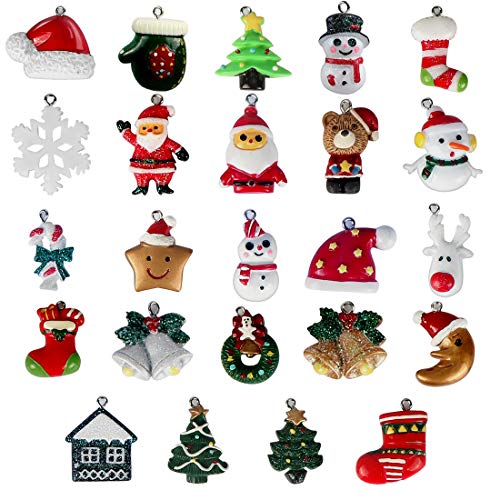 Bluelves Navidad Colgante Decoración, 24 Piezas Mini Adornos Navideños, Resina Papá Noel Árbol de Navidad Muñeco de Nieve Reno, Miniaturas Navidad Colgantes para DIY
