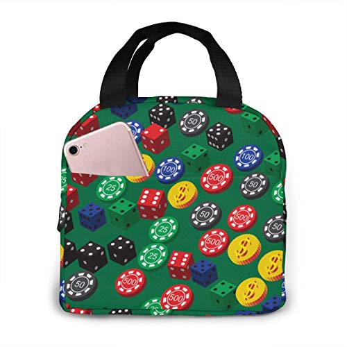 Bolsas de almuerzo aisladas con patrón de dados de fichas de póquer para mujeres y hombres, caja portátil para el almuerzo, bolsa más fresca para el trabajo, la escuela, viajes Bolsas de almuerzo aisladas con patrón de dados de fichas de póquer para mujeres y hombres, caja portátil para el almuerzo, bolsa más fresca para el trabajo, la escuela, viajes