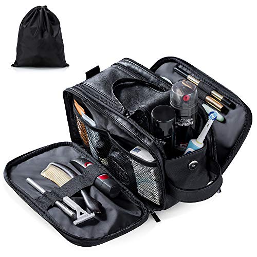 Bolsas de Aseo de Cuero para Hombres Impermeable Neceser de Viaje de Lavado Kit de Afeitado Dopp Grande Organizador de Maquillaje Baño Gimnasio con Bolsa de Almacenamiento Gratis (Negro)