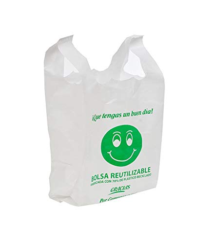 Bolsas de Plástico Tipo Camiseta Resistentes, Reutilizables y Recicladas | Galga 200 | Tamaño XL 42x53 cm | 2 Kg - 90 uds Aprox. | 70% Recicladas | Cumple Normativa | Aptas Uso Alimentario | Blancas