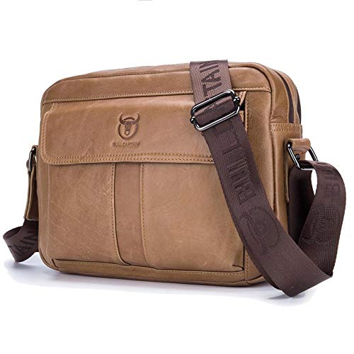 Bolso Bandolera de Piel de Vacuno Bolso Bandolera Hombre Horizontal en Piel de 9,7 Pulgadas Maletín para iPad-Marrón Amarillento