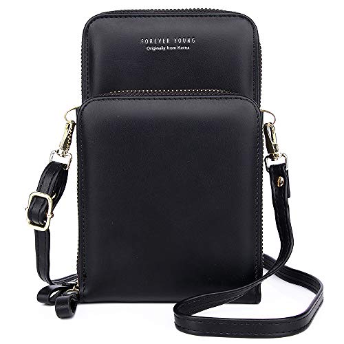 Bolso Bandolera Móvil,Pequeño Bolso para Mujer de Cuero de la PU del Teléfono Celular Crossbody Phone Wallet Bolsa con Cremallera Bandolera Monedero con Ranuras para Tarjeta(Negro)