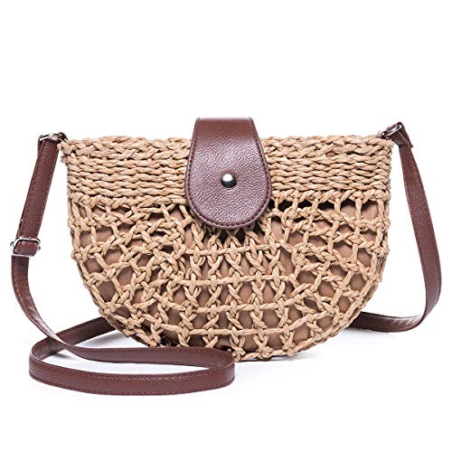 Bolso de Paja Crossbody, JOSEKO Nuevo Lindo Fresco Hueco Pequeño Cubo Redondo Semi-Circular Bolsa de Paja Hombro Colgado Bolso Tejido Casual