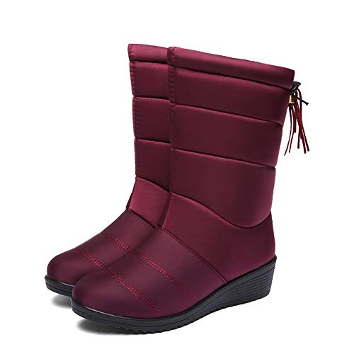 Botas de Nieve Zapatos Mujer,Popoti Botas de Nieve Calientes Botines Forradas Cortas Cuña Boots Medias Borla Zapatos Invierno Outdoor Botines (Rojo Vino-A, 38)