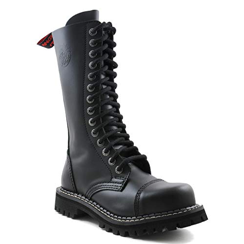 Botas de picor Enojado Botas de guardabosques Militares de Cuero Vegano de Combate Negro de 14 Agujeros Punta de Acero AI14Z/B/LE (46 EU)