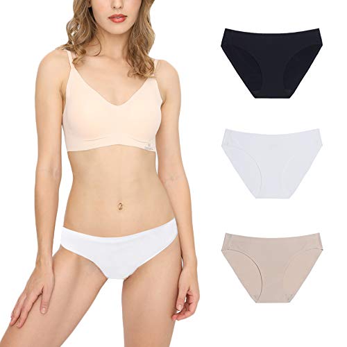 Bragas Mujer sin Costuras Invisible Señoras Braguitas Low Rise Suave Ligera Bikini Braguitas, Pack de 3 Negro/Beige/Blanco M