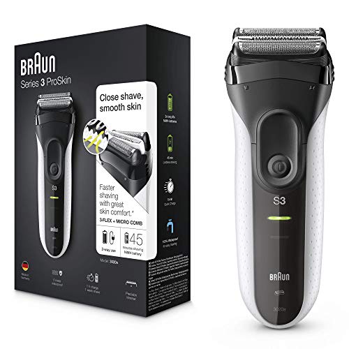 Braun Series 3 ProSkin 3020s Afeitadora Eléctrica Hombre, Afeitadora Barba Inalámbrica y Recargable, Máquina de Afeitar para Hombre, Negro