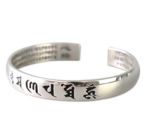 Brazalete de Plata Mántrico de Iluminación Budista Tibetano Om Mani Padme Hum (Grabados Oscuros)