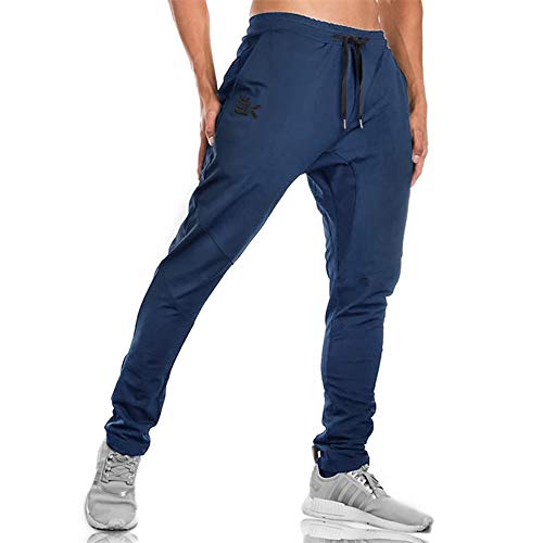 Brokig - Pantalones de deporte para hombre, corte ajustado, con bolsillos dobles Azul azul marino XL