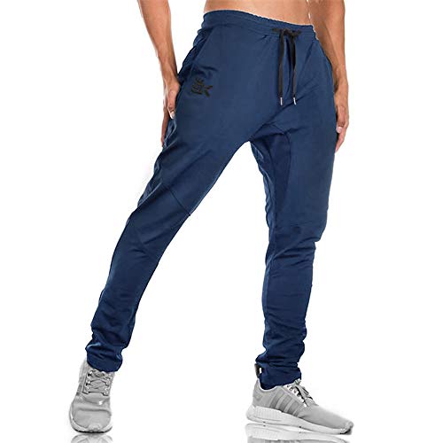Brokig - Pantalones de deporte para hombre, corte ajustado, con bolsillos dobles Azul azul marino XL Brokig - Pantalones de deporte para hombre, corte ajustado, con bolsillos dobles Azul azul marino XL