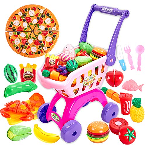 Buyger 2 en 1 Supermercado Carrito Compra Frutas y Verduras Juguete para Cortar Cocina Alimentos Accesorios Regalo Cumpleaños para 3 4 5 Años Niños Niñas