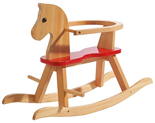 Caballo de balancín roba, juguete balancin acabado en madera maciza natural y laca roja, caballo balancin para niños pequeños con anillo protector desmontable.