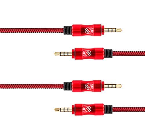 Cable Auxiliar Jack Audio Stereo Macho 3.5mm 4 Polos (Micrófono + Auriculares) en Nylon [2x1M] EVOMIND para Smartphone, automóvil, Auriculares, Tableta, Ordenador, Cadena Hi-Fi, y Otros - 2x1M Roja