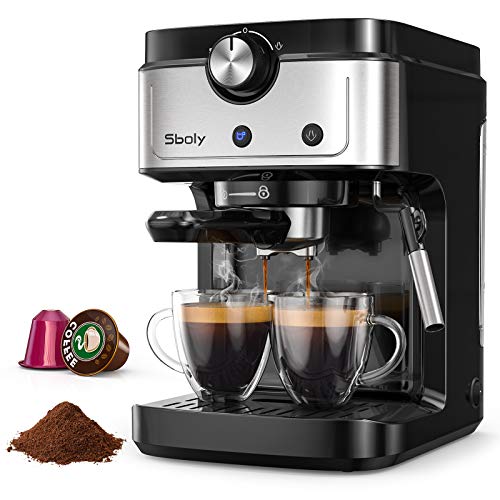 Cafetera Espresso Sboly, Cafetera 2 en 1 para Nespresso Compatible con Café Molido y en Cápsulas, Máquina de Espresso de 19 Bares con Tanque de Agua Removible y Boquilla de Vapor Cafetera Espresso Sboly, Cafetera 2 en 1 para Nespresso Compatible con Café Molido y en Cápsulas, Máquina de Espresso de 19 Bares con Tanque de Agua Removible y Boquilla de Vapor