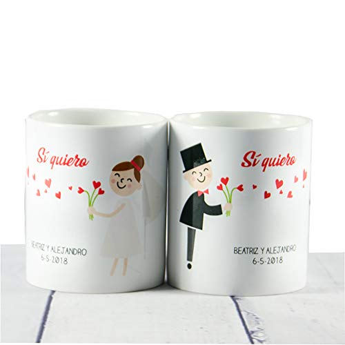 Calledelregalo Regalo Personalizable para Novios: Pack de Tazas 'Sí Quiero' Personalizadas con Sus Nombres y Fecha de la Boda Calledelregalo Regalo Personalizable para Novios: Pack de Tazas 'Sí Quiero' Personalizadas con Sus Nombres y Fecha de la Boda