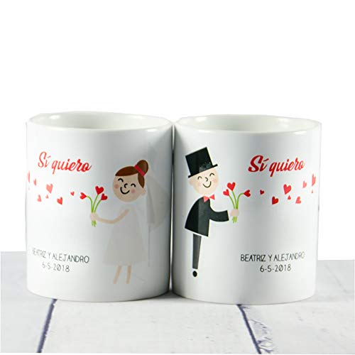 Calledelregalo Regalo Personalizable para Novios: Pack de Tazas 'Sí Quiero' Personalizadas con Sus Nombres y Fecha de la Boda