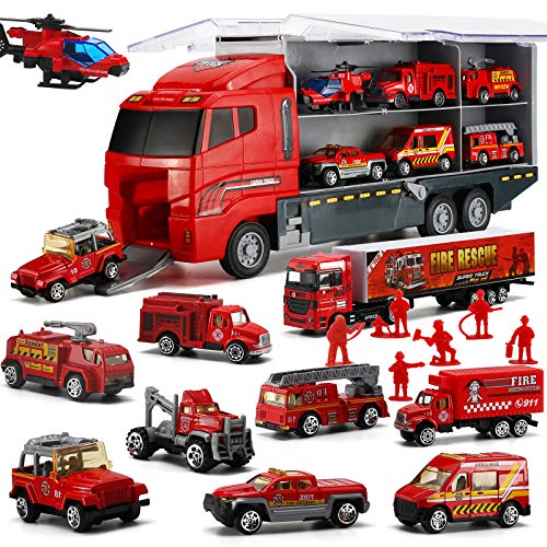 Camión de Bomberos, Set de Coches de Juguetes Fundidos a Presión de Rescate Emergencia Transporte 19 en 1, Juguetes Niños Educativos de 3 4 5 6 años para Cumpleaños Navidad Fiestas Escuelas