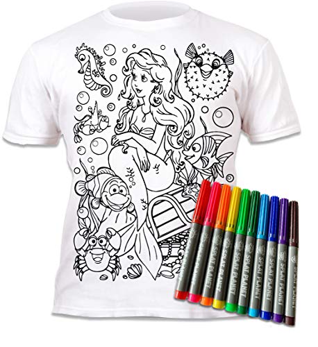 Camiseta SIRENA niña. Con preimpresión para pintar y colorear. Se suministra junto a seis lápices de colores Magic lavables. 9-11 años de los niños de ocio; juego creativo para regalo. Ariel.