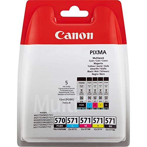 Canon PGI-570+CLI-571 5 Cartuchos Multipack de tinta original PGBK/BK/C/M/Y para Impresora de Inyeccion de tinta Pixma TS5050-TS5055-TS5053-TS5051-TS6050-TS6052-TS6051-TS8050-TS8053-TS8052-TS8051-TS9055-TS9050-MG5750-MG5751-MG5752-MG5753-MG6850-MG6851-MG6