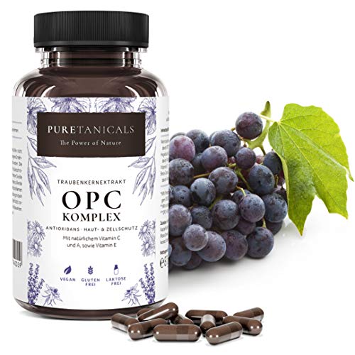 Cápsulas OPC Extracto de Semilla de Uva + Vitamina C, A natural y E | Complejo Antioxidante Forte Probado en Laboratorio | 530mg polvo puro | Vegano sin estearato de magnesio de Alemania