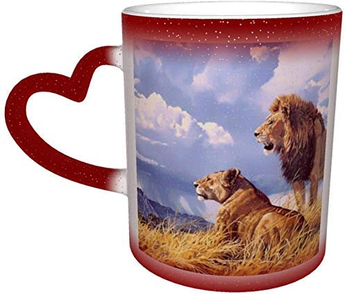 Carnívoro salvaje africano rojo León norteamericano en el prado Cielo azul y nubes blancas Taza que cambia de color en el cielo Taza de Carnívoro salvaje africano rojo León norteamericano en el prado Cielo azul y nubes blancas Taza que cambia de color en el cielo Taza de