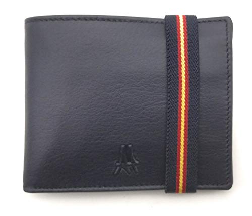 Cartera Billetera para Hombre en Piel con Bandera de España en Cierre Elástico (Múltiples Ranuras + ID) Compartimento(s) para Billetes. Made in Spain. (Azul Marino)