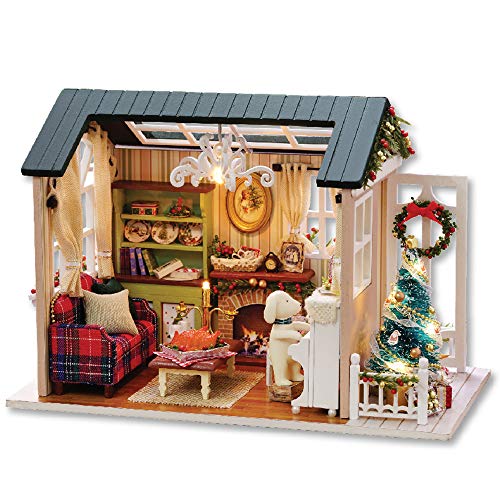 Casa de Muñecas, DIY Casa de Muñecas en Miniatura de Navidad, Realista Mini 3D Casa de Madera Artesanal, con Muebles y Luces LED, Regalo de Cumpleaños del día de los Niños Decoración de Navidad