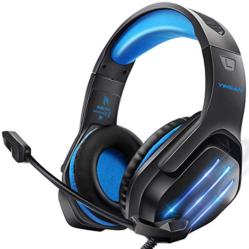 Cascos Auriculares, Auriculares Gaming Premium Stereo con Microfono para PS4 PC Xbox One, Cascos Gaming con Luz LED y Control Volumen, Diadema Acolchada y Ajustable, Micrófono Flexible