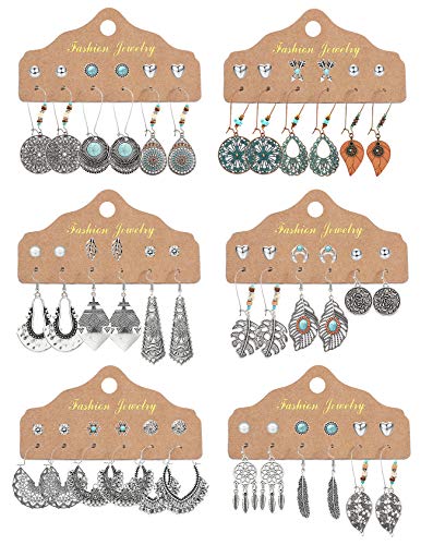 CASSIECA 36 pares Pendientes Colgantes de Retro para Mujeres Niñas Pendientes de Bronce de Plata Vintage con Perla Hoja Hueca Turquesa Incrustación Joyería Bohemia para Regalos de Cumpleaños Fiesta