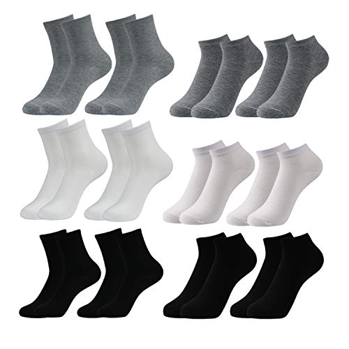 Caudblor 12 Pares Show calcetines de corte bajo de algodón para hombres y mujeres, blanco / gris / negro, 6*SHORT+6*LONG, Mujer