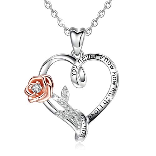 CELESTIA Mujer Collar de Corazón y Flor Rosa Colgante, Plata de Ley 925 Collar Grabado con Cadena 46CM, Joyeria, San Valentín, Nunca Sabes Cuanto Te Amo' CELESTIA Mujer Collar de Corazón y Flor Rosa Colgante, Plata de Ley 925 Collar Grabado con Cadena 46CM, Joyeria, San Valentín, Nunca Sabes Cuanto Te Amo'