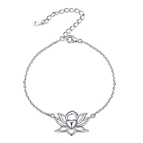 ChicSilver Flor Lotus Yoga Budista Corazón Cadena Ajustable Fina para Muñecas Pulseras Modernas para Mujeres y Muchachas Plata de Ley 925 Oro Blanco