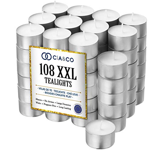 Cia&Co Pack 108 Velas de té XXL Larga Duración 8 Horas. Vela Blanca sin Aroma de Parafina. Ideal Hosteleria Cia&Co Pack 108 Velas de té XXL Larga Duración 8 Horas. Vela Blanca sin Aroma de Parafina. Ideal Hosteleria
