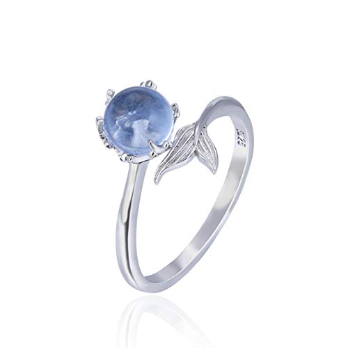 CNNIK 925 Anillo de plata esterlina Cola de Sirena con Apertura Ajustables de cristal sintético azul para mujeres damas niñas, adornos de plata con tendencia de moda con caja de regalo