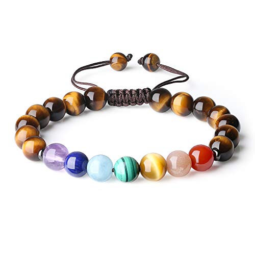 COAI® Pulsera Ajustable de Piedra Cuenta Mala 7 Chakra y Ojo de Tigre