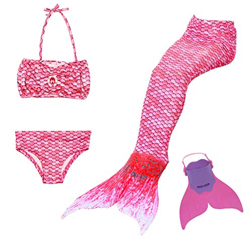 Cola de Sirena para Natación Traje de Baño 4pcs Mermaid Bikini con Monofín Establece para Niña Disfraz de Sirena Princesa Cosplay Conjuntos