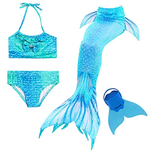 Cola de Sirena para Natación Traje de Baño 4pcs Mermaid Bikini con Monofín Establece para Niña Disfraz de Sirena Princesa Cosplay Conjuntos